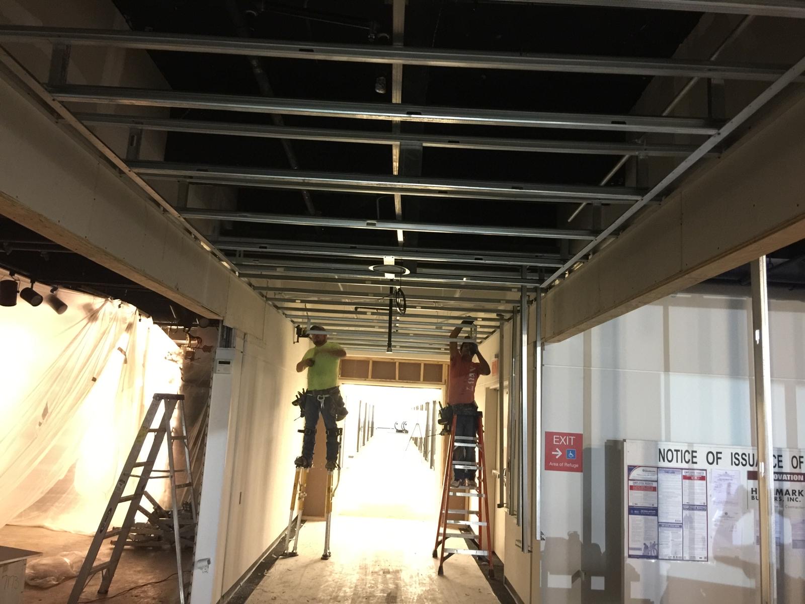 Metal framing crew installing ceiling grid